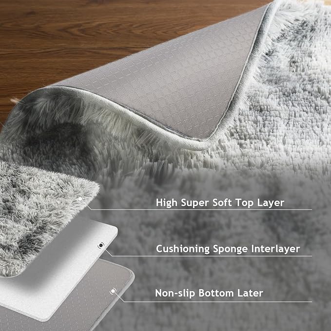 Ophanie Tie-Dyed Grey&White 8x10 Area Rugs for Living Room, Large Shag Bedroom Carpet, Big Indoor Thick Soft Nursery Rug, Fluffy Carpets for Boy and Girls Room Dorm Home Decor Aesthetic