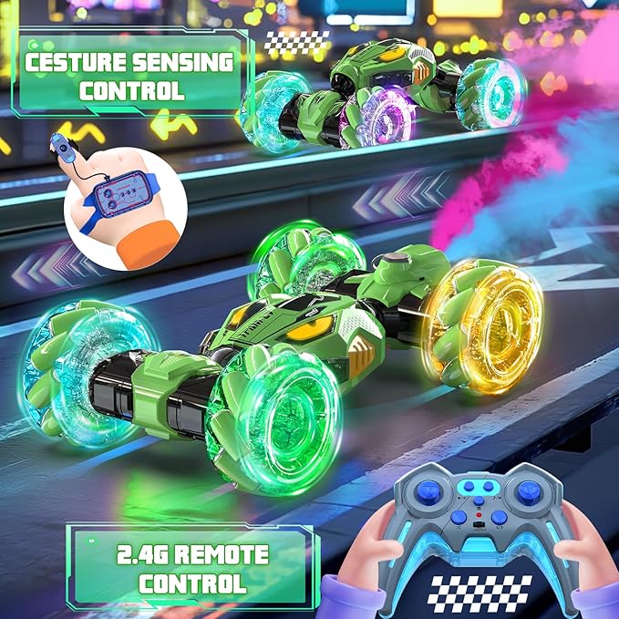 Gesture Sensing RC Stunt Cars - Toys for Boys Girls 6-12 | Best Gifts for Kids 6-12 Years Old | 4WD 360° Rotating Remote Control Transform Car | All-Terrain Off Road Vehicle with Lights Music Green