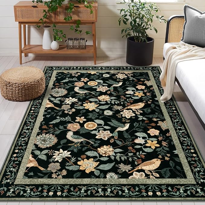Floral Washable 5x7 Area Rug, Boho Birds Black/Beige Rugs for Living Room Soft Non-Slip Vintage Flower Bedroom Rug, Low Pile Botanical Indoor Carpet for Nursery Playroom Dining Room