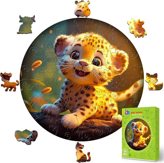 Easter Gifts for Kids Girls Boys, Easter Basket Stuffers, Wooden Jigsaw Puzzles for Kids Ages 4-6, 50 Piece Unique Shape Animal Theme Puzzle - Preschool Learning Educational Toys for Kid 3+ (Leopard)