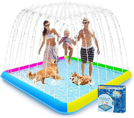 Splash Pad, 107"- 80" Non-Slip Splash Pad for Kids and Dogs, Thickened Durable Square Dog Pool with Sprinkler Summer Outdoor Water Toys for Toddler Girls Boys Children Pet (Colorful)