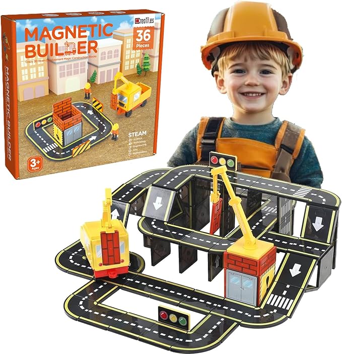 Car Road Track Magnetic Tiles & City Construction Builder Set with Crane and Figures – STEM Building Blocks Toy for Toddler Preschool Montessori Kids - Great Birthday Gift for Boys Ages 3-5 4-8 5-7