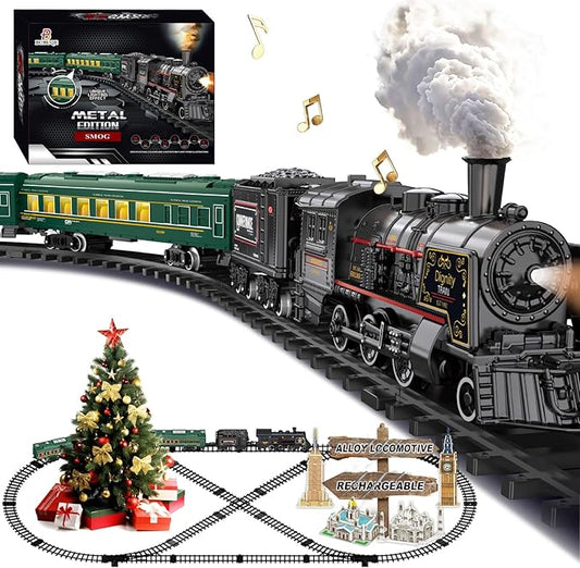 Electric Train Sets for Kids Metal Alloy Christmas Train Toys Steam Locomotive, Glowing Passenger Carriages, Luxury Tracks, Light & Sounds Rechargeable Birthday Gifts for Boys Girls Red Green …