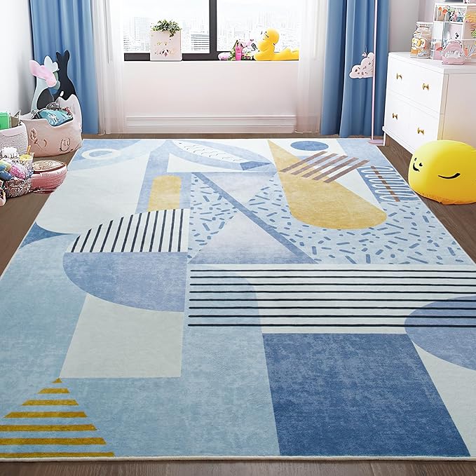 Tepook Blue Area Rug for Living Room, 4x6 Indoor Carpet for Bedroom Washable, Non-Slip Abstract Print Kids Rug for Nursery Playroom Classroom Dorm Office Dining Room