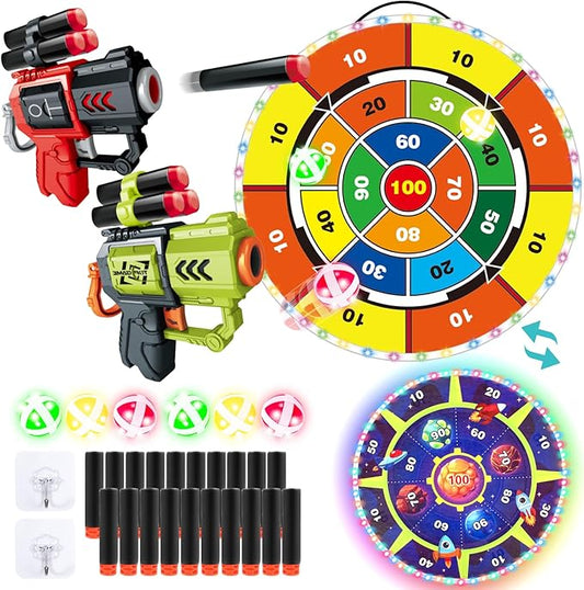 Double-Sided Light Up Dart Board Shooting Game for Kids, 29 Inches Standing & Hanging Toy Set with 2 Toy Guns 20 Soft Foam Bullets 6 Sticky Balls, Indoor Outdoor Games Fun for 3-5 Year Old Boys Girls
