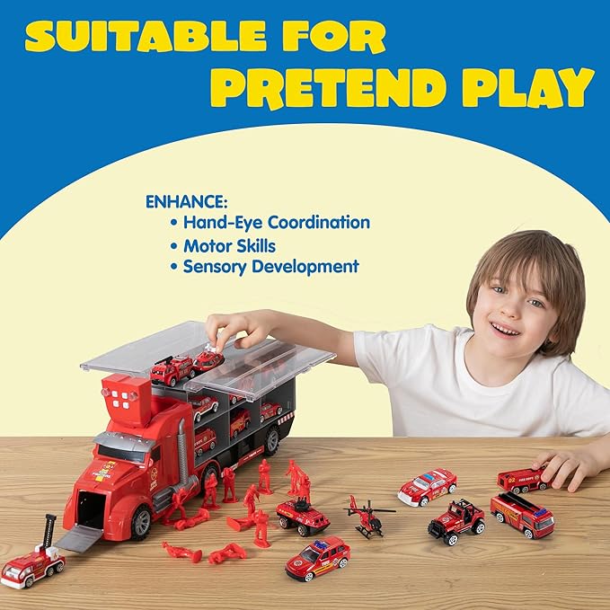 JOYIN 25 in 1 Fire Truck Vehicle Toy Set with Sounds and Lights, Fire Engine Vehicles in Carrier Truck, Mini Rescue Emergency Car Toy, Birthday Gifts for Over 3 Years Old Boys