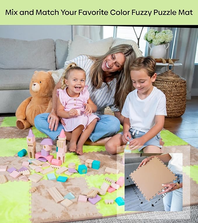 16 Piece Carpet Squares Puzzle Mat 49" x 49" Plush Interlocking Carpet Tiles, Foam Floor Tiles for Baby Play Mat - Kids Soft Play Floor Mats, Anti Slip Jigsaw Flooring Playmat Playroom Rug (Brown)