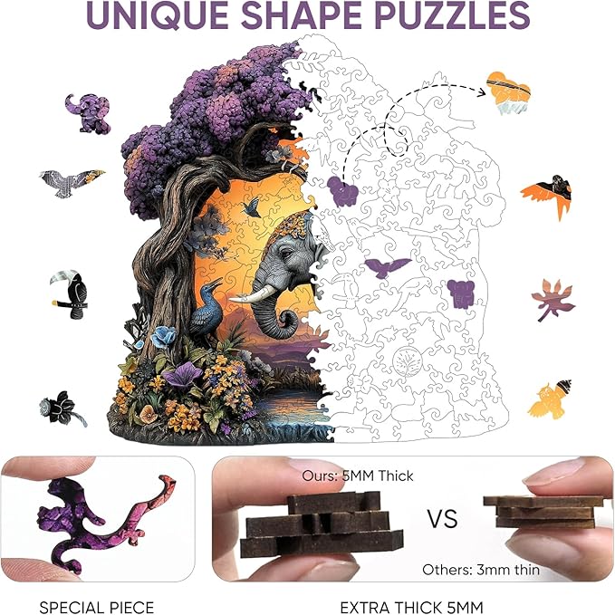 Wooden Puzzles for Adults, Elephant Jigsaw Puzzles 200 Pieces, Unique Shaped Puzzle for Adults and Kids, Christmas Birthday Gift Family Game 11 x 11.2 Inch