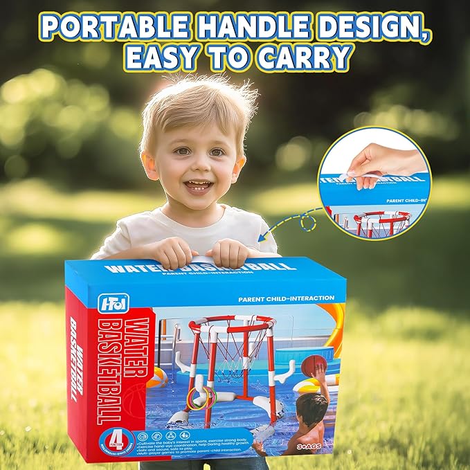 Pool Basketball Hoop, Floating Game with 6 Balls & Pump, Kids Pool Toys for Outdoor Summer Fun, Adjustable Height for Ages 4-8-12, Family Swimming Pool Accessory（red）