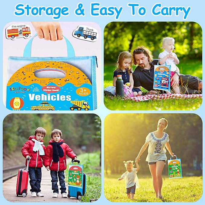 3 Sets Reusable Sticker Books for Kids 2-4, Jelly Stickers Activity Books, 123 Pcs Waterproof Stickers for Kids Girls Boys, Road Trip Toddler Airplane Train Car Travel Essentials Toy