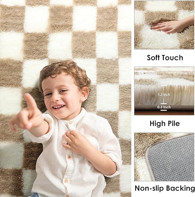 KICMOR Rugs for Living Room, 5x8 Fluffy Soft Beige and Cream White Checkered Shag Area Rug Large Fuzzy Shaggy Bedroom Carpet, Plush Rug for Kids Boys Girls Teen Dorm Nursery Home Decor Aesthetic