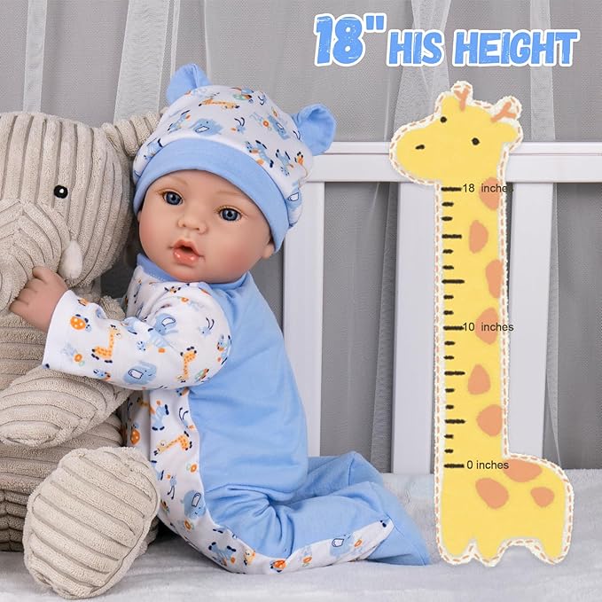 Aori Reborn Baby Dolls Boy - 18'' Realistic Newborn Baby Doll with Blue Feeding Set & Birth Certificate - Lifelike Weighted Body for Role Play, Gift for Kids Ages 3+