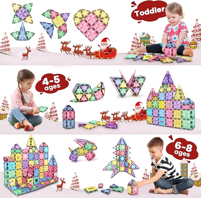 ROMDS Magnetic Tiles, Magnetic Building Blocks for Kids Ages 3+ and STEM Magnet Toys, Clear Magnet 3D Blocks Construction Playboards for Boys & Girls, Sensory Play for Preschool Learning(120 pcs)
