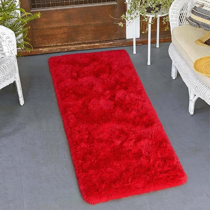 Amearea Shag Fluffy Small Rug, 2x4 Feet Throw Rugs for Bedroom Girls Living Room, Extra Soft and Fuzzy Shaggy Carpet, Non Slip, Solid Color Nursery Home Floor Decor Carpets, Red