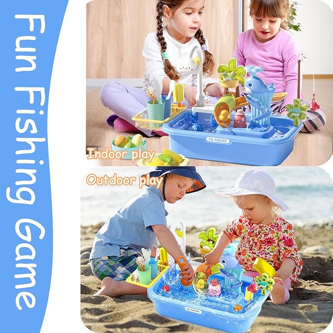 Kids Play Sink with Running Water & Electric Faucet, 4-in-1 Kitchen Sink Toy with Fishing Game, Pretend Play Kitchen Toy Accessories, Role Play Dishwasher Toys for Toddlers Boys Girls Blue