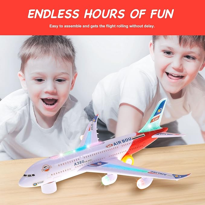 PowerTRC Kids Airplane Toys, Bump & Go Action Toddler Toy Airplane with LED Flashing Light, Music, Airplane Sound, Great Gift for Boys Girls Ages 3-12