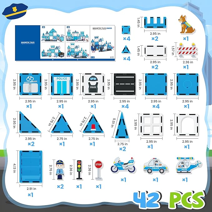 cossy Magnetic Tiles Police Set, Magnetiles with Policeman, Magnetic Tiles for Kids Ages 4-8, STEM Toys, Magnet Blocks for Boys and Girls, Creative Building Toys, Police