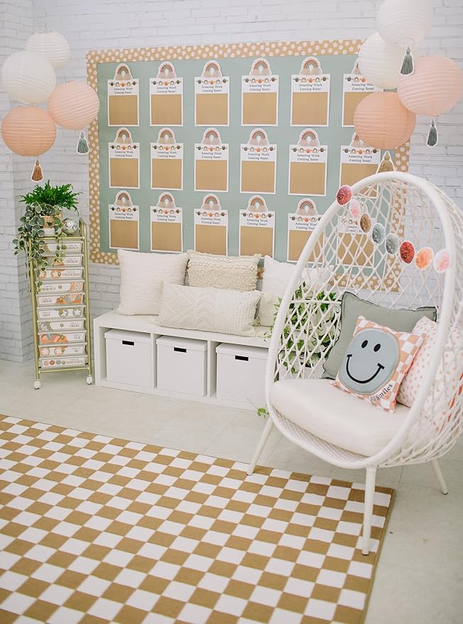 Flagship Carpets Schoolgirl Style Brown and White Checkerboard Educational Area Rug for Kids Room Seating Décor, Children's Classroom, Play Carpet for Teaching and Playroom, 5' x 7'6", Neutral