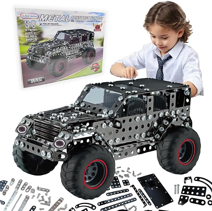 Metal Truck Building Assembly Toy 496PCS STEM Project Building Erector Sets Off-Road Car Model Kit Metal Construction Set Model Car Building Toy for Kids Ages 8+ (Off Road Car)