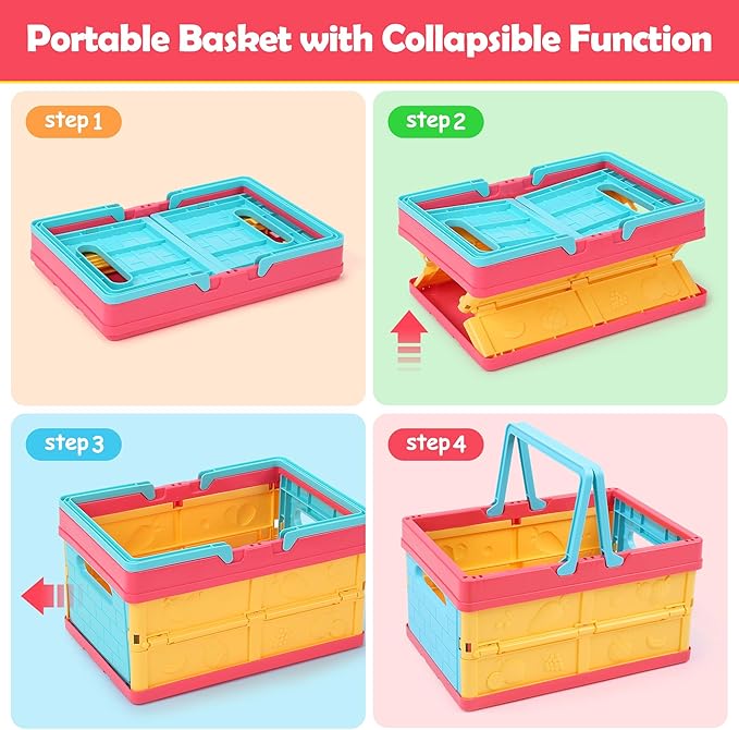 HOLYFUN Play Food Toy Set for Kids Kitchen, Shopping Basket with Cutting Fruit & Vegetables Accessories, Pot and Pan, Plastic Dishes, Toddler Play Kitchen Accessories Educational Toys for Boys Girls