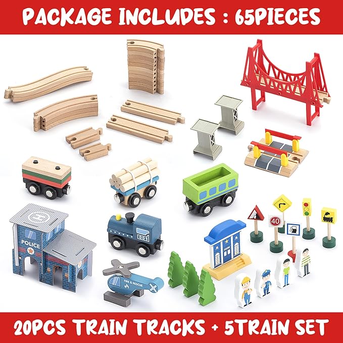 Wooden Train Set 65PCS, Toy Train Sets with All-Wood Double Sided Train Tracks for Boys & Girls Fits Thomas, Brio, Melissa and Doug...(65PC)
