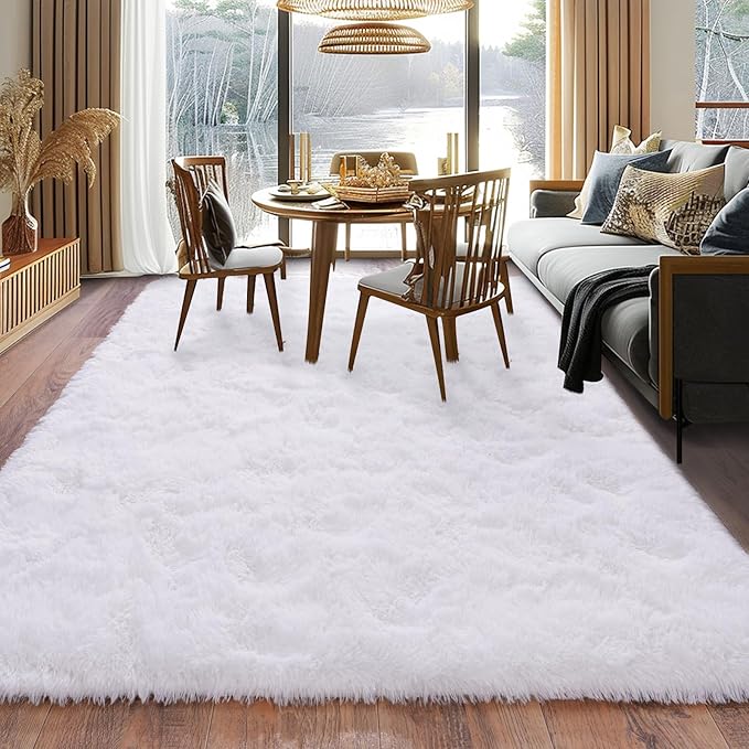 Super Fluffy Area Rug for Bedroom, Modern Shag White Area Rugs, Soft Plush Small Carpet for Kids,Girls Boys and Teens Decorations for Living Room Dorm Nursery Classroom, 8x10 Feet