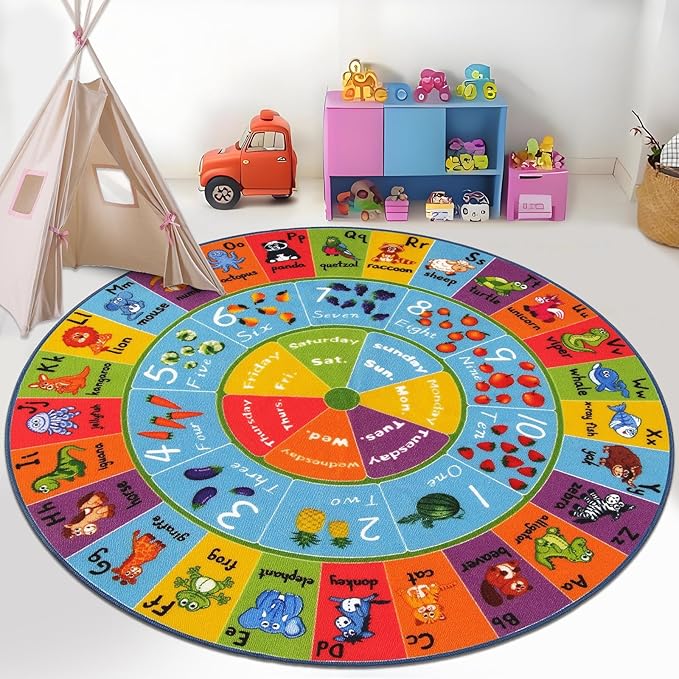 HEBE Kids Play Rug 4ft ABC Alphabet Numbers Shapes Educational Kid Area Rug Washable Baby Crawling Mat Non Slip Kid Play Mat Carpet for Girl Boy Bedroom Playroom
