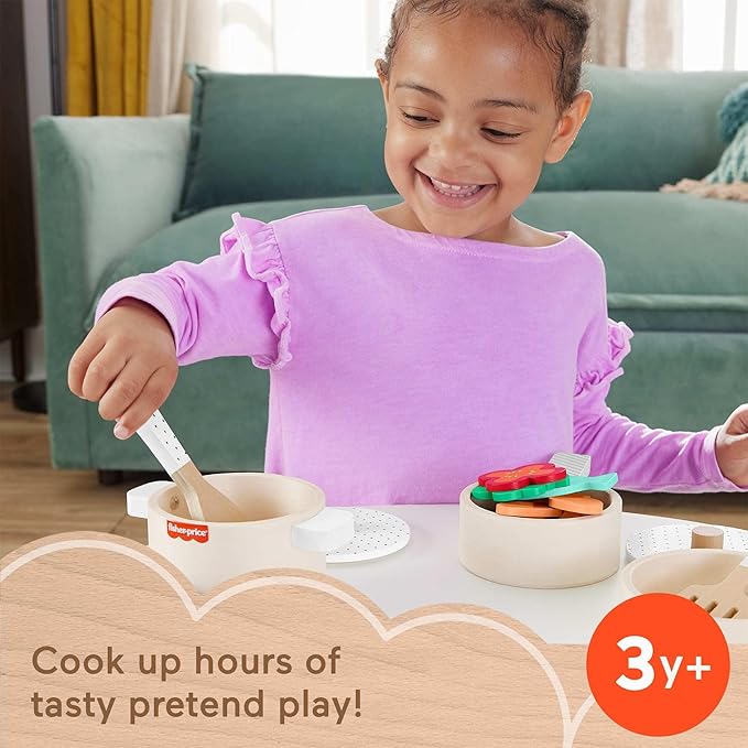 Fisher-Price Wood Kitchen Pretend Play Toy Pots & Pans Set, 19-Piece Playset Wooden, Metal & Fabric for Preschool Kids Ages 3+ Years