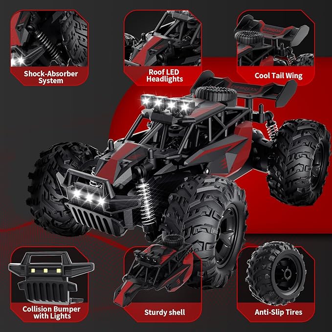Remote Control Car, 2.4GHz 20-25KM/H Variable Speed Turbo 2-Speed Acceleration High Speed RC Car, 1:16 Off-Road Monster Truck with LED Lights and 1800mAh Rechargeable Battery – Ideal Gift for Boys 6