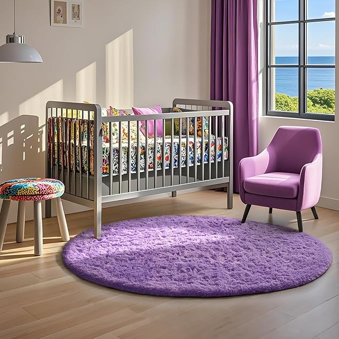 Ophanie Round Rug 4Ft Purple Circle Area Rug, Cute Room Decor for Teen Girls, Fluffy Fuzzy Bedroom Carpet, Plush Soft Shaggy Living Room Rugs for Kids Home Decor Aesthetic, Nursery