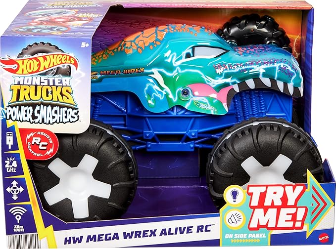 Hot Wheels Toy Truck Monster Trucks RC, Oversized Remote-Control Mega-Wrex Alive in 1:15 Scale, 3 Modes of Play with Interactive Lights & Sounds