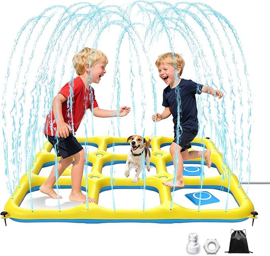 JOSEN Sprinkler for Kids, 60" x 60" Outdoor Water Play Splash Pad with Tic Tac Toe Game for Kids & Adults - Summer Backyard Fun, Giant Sprinkler Water Toy for Family Parties - Yellow