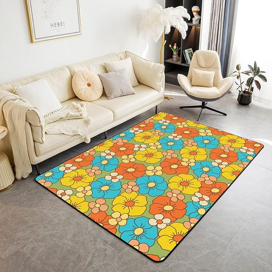 Erosebridal 60S 70S Hippie Area Rug 5x7 Retro Groovy Flowers Decorative Rug for Living Room Abstract Vintage Floral Boho Natural Botanical Non Shedding Carpet for Kids Girls Teen