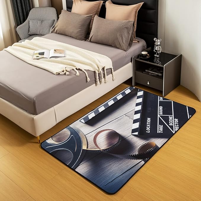 Erosebridal Movie Theme Area Rug 4x5, Filmstrip Printed Rug for Kids Child Boys Girls, Vintage Film Carpet for Bedside, Vintage Cinema Scenes Movie Non Slip Decorative Rug
