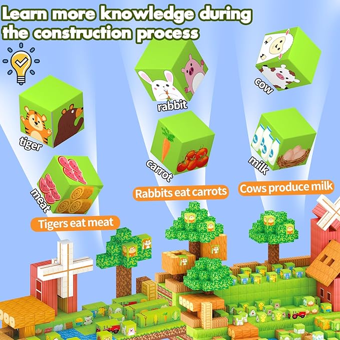 120 PCS Magnetic Building Blocks for Kids, Farm Animal Toys for Boys and Girls Ages 3-5 6-8 8-12. STEM Learning, Montessori, Fidget, Sensory Cubes. Magnet Tiles Block Gifts for Toddler and 3+ Year Old