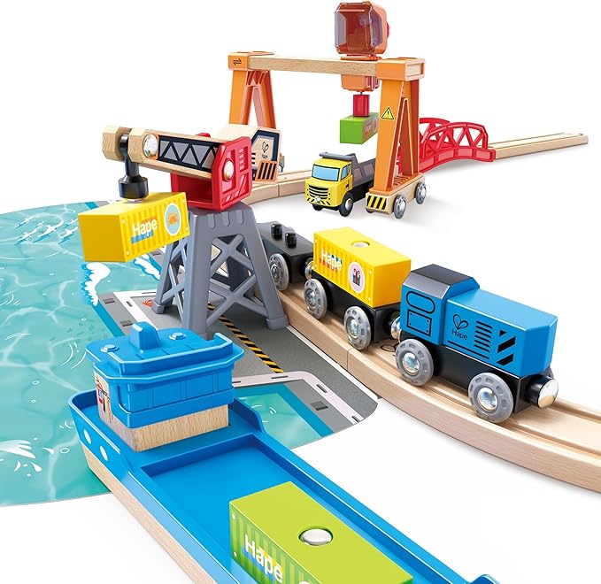 Hape Lift & Load Harbor Set | Toy Train and Boat Set with Cranes, for Children Ages 3Y+