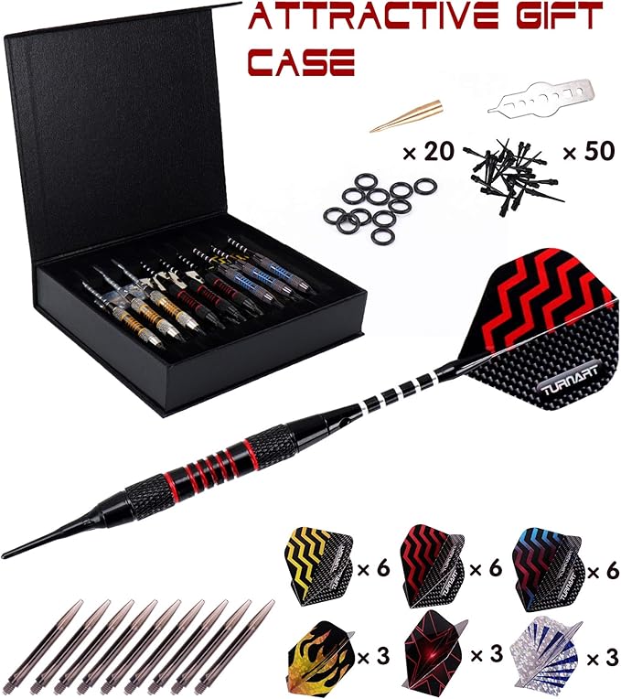 Turnart Darts Plastic Tip - Professional Soft Tip Darts Set for Electronic Dartboard 9 Pcs 18 Grams with 50 Extra Tips 9 Shafts 27 Flights Tool Kit Flight Protectors and Gift Darts Case