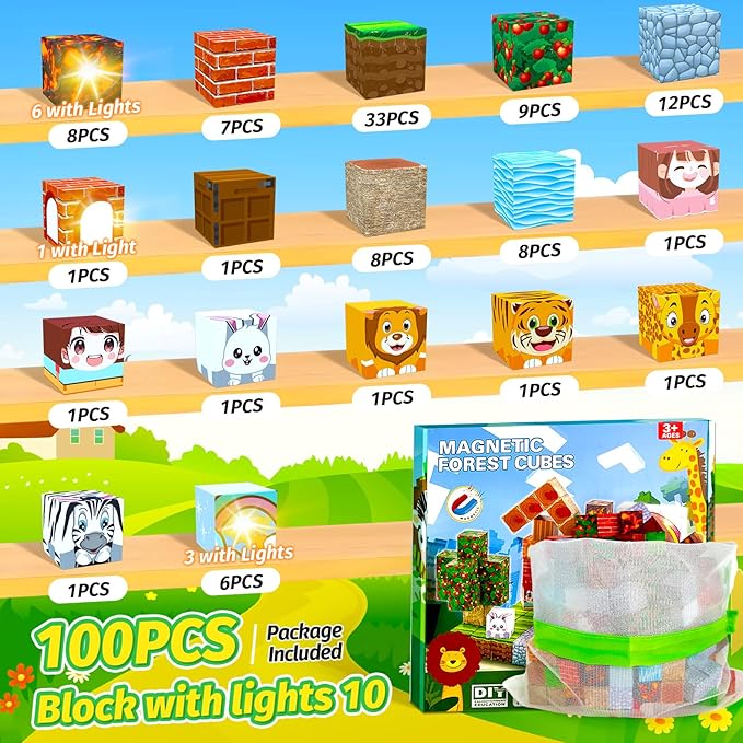 100pcs Magnetic Blocks Sparkling STEM Building Toys for 3+ Year Old Boys and Girls Upgraded Learning by Playing Games for Toddlers Kids, Sensory Gifts Kids Magnets Game