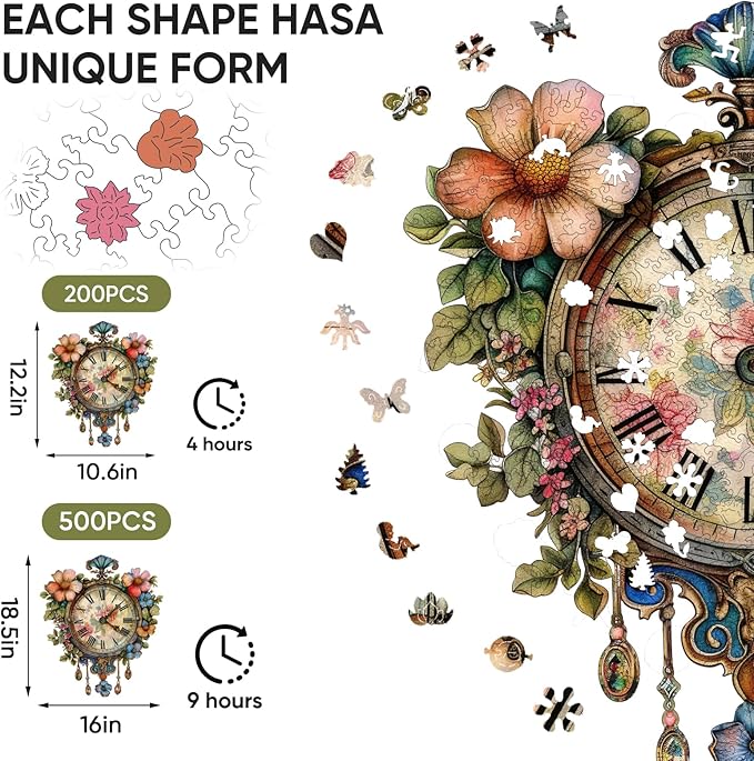 Wooden Puzzle for Adults, Wall Clock Jigsaw Puzzles 200 Piece, Unique Shapes Family Reunion Puzzle for Adults and Kids, Beautiful Package, Best Gift for Family Friends Medium 11.2 * 15.21in