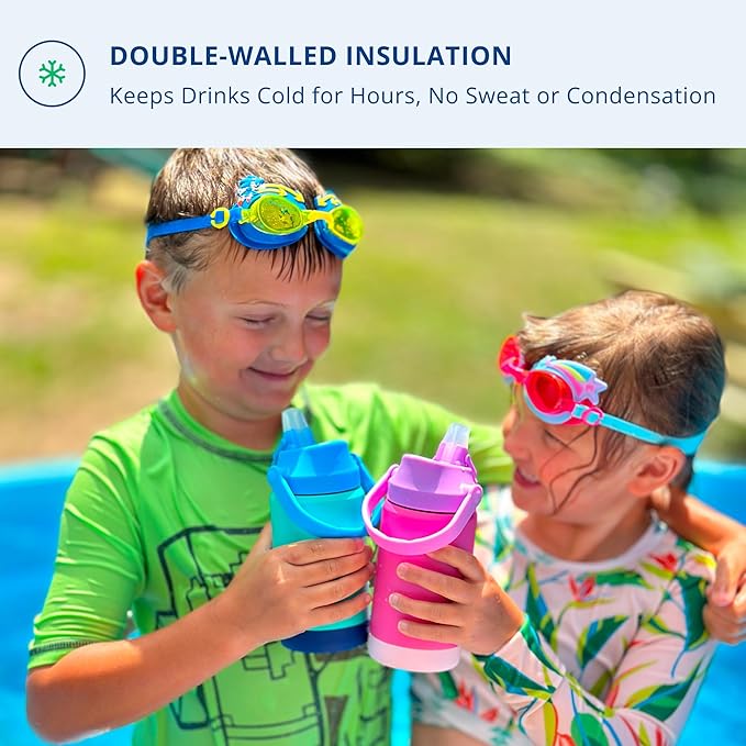 Re-Play 12 oz Water Bottle for Kids - Vacuum-Insulated Stainless Steel Tumbler with Flip-Straw, Silicone Base and Handle - Spill and Leak-Proof Design, Dishwasher and Freezer Safe, Aqua Assorted