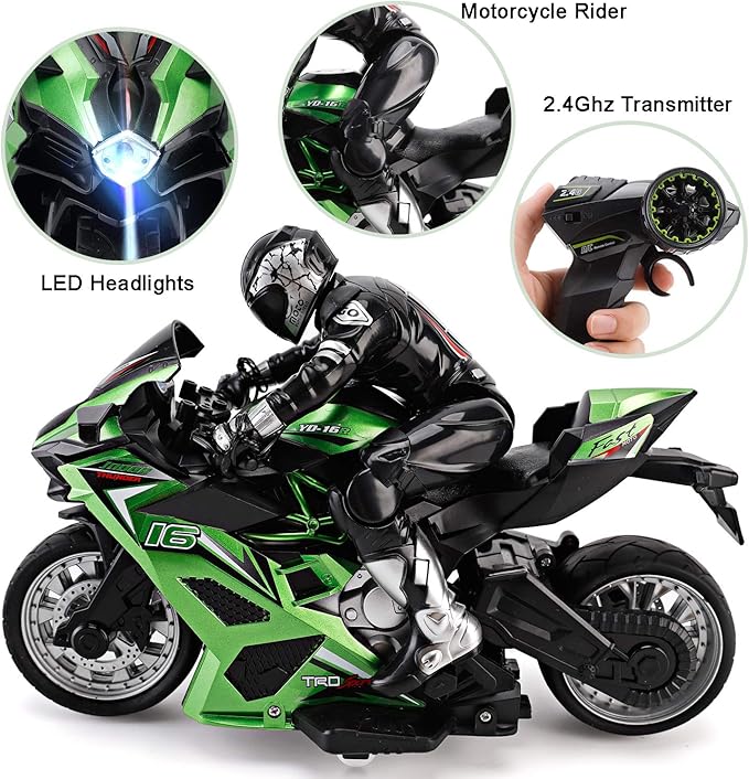 Liberty Imports 2.4G RC Remote Control Stunt Motorcycle with Riding Figure, 1:10 Scale High Speed Cross Country 360 Degree Rotation Drift Shockproof Racing Motorbike (Green)