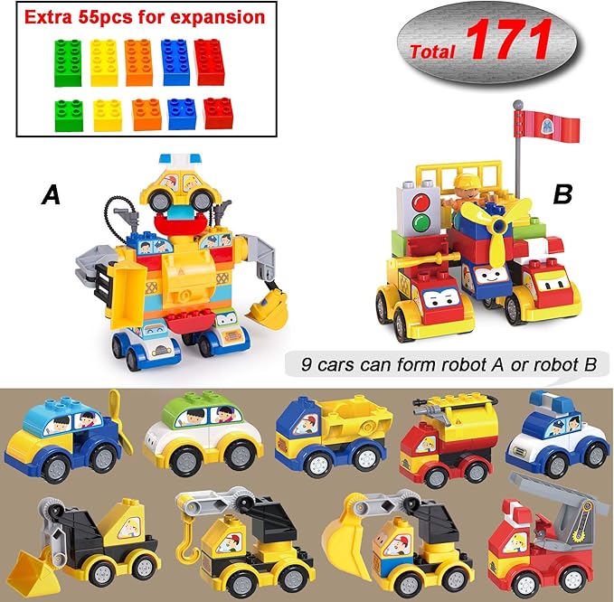 Building Blocks for Toddlers 2-5, 171 Pieces Blocks Car Set for Kids Classic Large Building Bricks Compatible with All Major Brands Educational Toys for All Ages