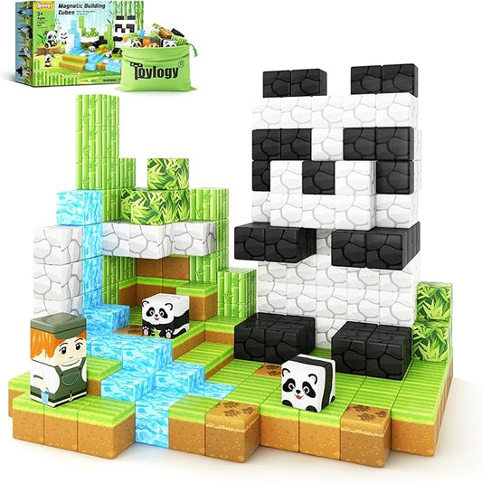 Magnetic Blocks-Build Mine Magnet World Panda Edition, Magnetic Tiles Building Blocks for Boys & Girls Age 3-5 4-8 5-7, Kids STEM Sensory Learning Outdoor Toys for 3+ Years Old Girls Boys Gifts