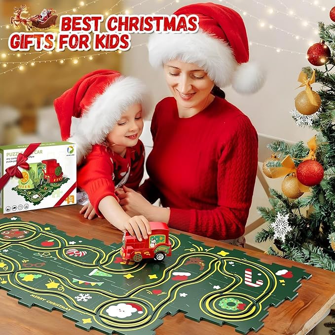 25PCS Puzzle Racer Kids Car Track Set, Land Series Jigsaw Puzzle Racer Car Track Set Puzzle Track Car Play Set Preschool Gifts for Kids Christmas Birthday Gift for Boys Girls
