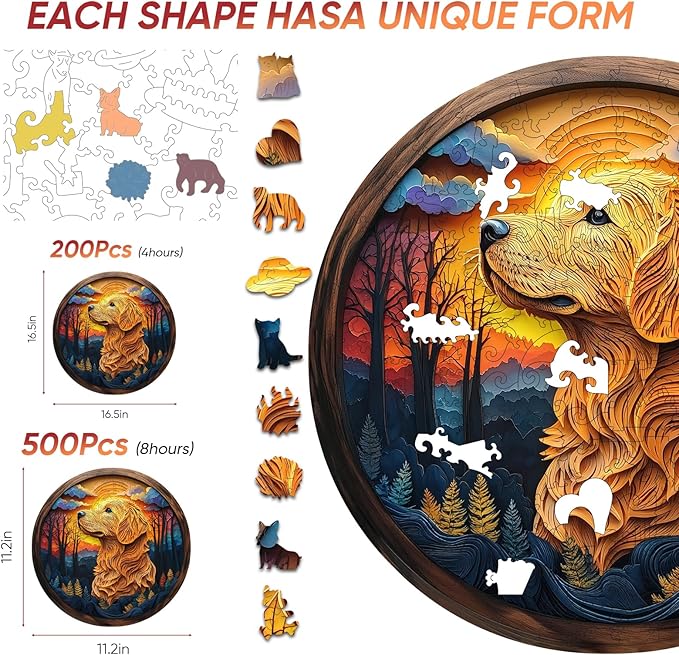 Wooden Puzzle for Adults - 3D Golden Retriever Wooden Jigsaw Puzzles 200 Piece, Unique Shaped Animal Challenging Puzzles, Exquisite Packaging, Best Gift for Family Friends11.2x11.2 in