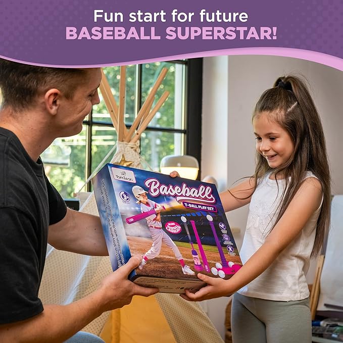 T Ball Stand for Kids and Toddlers 1-3, 3-5, 5-8. Baseball Set Includes 6 Large Balls, an Adjustable Tball Batting Tee, and a Pitching Machine. Kids Bat and T-Ball Set