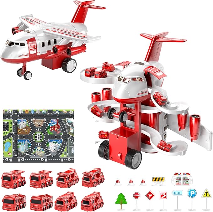 TEMI Kids Airplane Boy Toys for 3 4 5 Year Old Boys - Car Race Tracks for Kids Ages 3-5 with 8 Small Car Toys, Toddlers Educational Toy, Birthday Gifts for Boys 3-5, Birthday Gifts for Boys Girls 3-5