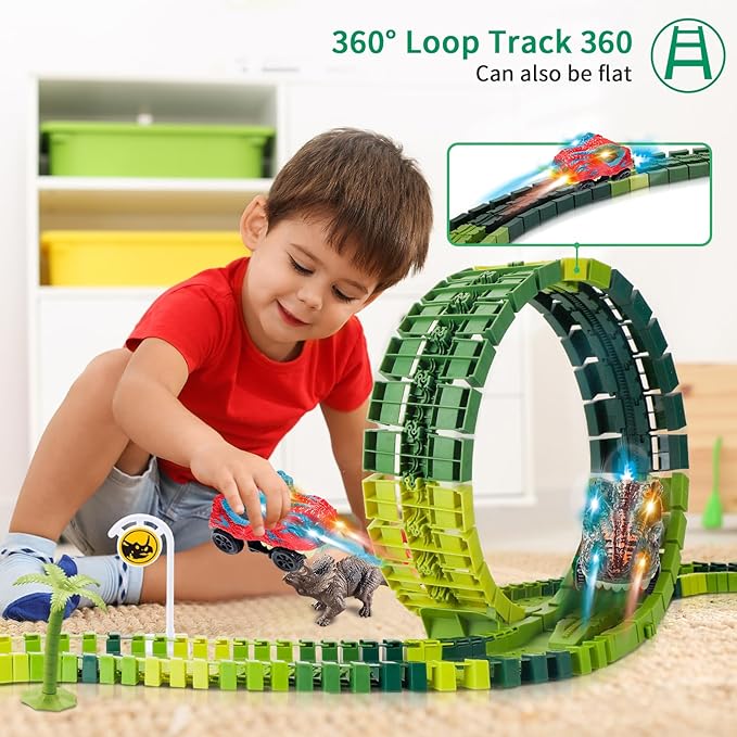 Dinosaur Race Track Toys for Kids Toddlers,206PCS Create A Dinosaur World Road Race, Birthday Gift Dinosaur Toys for 3 4 5 6 7 8Years Old Boys and Girls,Flexible Train Tracks with 2 Race Cars