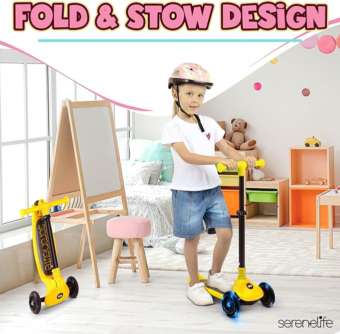 SereneLife 3 Wheel Foldable Kids Scooter - Foldable Seat, LED Wheel Lights, Adjustable Handlebar, Rear Foot Brake, Lean-to-Steer, Anti-Slip Deck, Ideal for Toddlers Kids 3+, up to 110Lbs