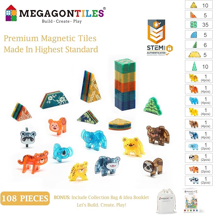 108 PCS Zoo Animals Magnetic Tiles Set,Magnet Building Blocks Farm World Toys,STEM AUTHENTICATED,Magnetic Animals for Kids Age 3 4 5 6 7 8 Toddlers Boys Girls
